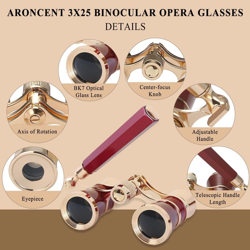 Aroncent Opera Glasses Binoculars 3X25 Theater Glasses Mini Binocular Compact with Handle for Adults Kids Women in Musical Concert - Image 2